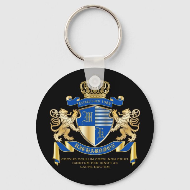 Create Your Own Coat of Arms Blue Gold Lion Emblem Keychain (Front)