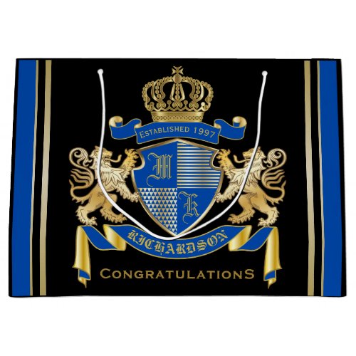 Create Your Own Coat of Arms Blue Gold Lion Emblem Large Gift Bag