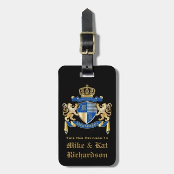 Create Your Own Coat Of Arms Blue Gold Lion Emblem Luggage Tag by BCVintageLove at Zazzle