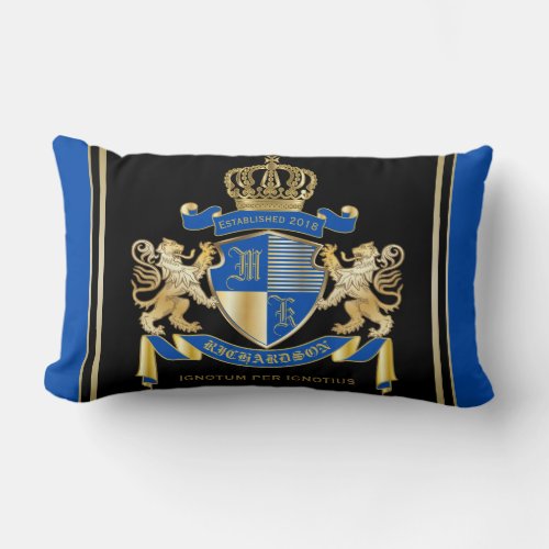 Create Your Own Coat of Arms Blue Gold Lion Emblem Lumbar Pillow