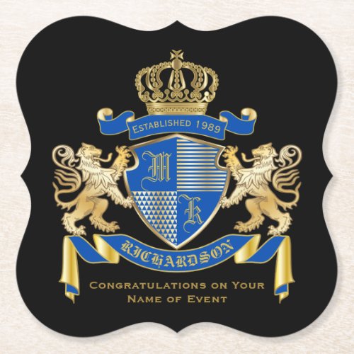 Create Your Own Coat of Arms Blue Gold Lion Emblem Paper Coaster