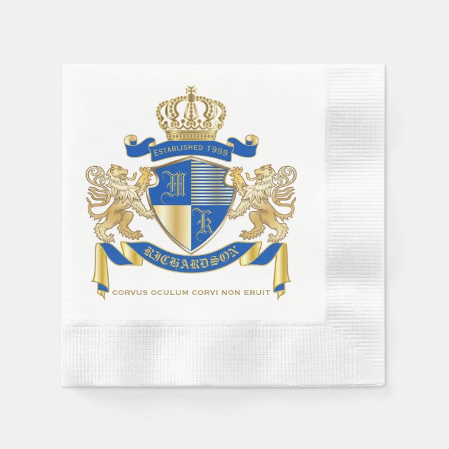 Create Your Own Coat of Arms Blue Gold Lion Emblem Paper Napkins (Front)