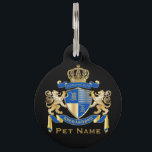 Create Your Own Coat of Arms Blue Gold Lion Emblem Pet ID Tag<br><div class="desc">Create your very own aristocratic Coat of Arms, Emblem, Insignia or Family Crest with this beautiful, classic escutcheon or shield design. Cobalt Blue stripes decorate a shield topped with golden crown and flanked by medieval heraldic lion or griffin. A matching top banner holds your custom wedding date / birth date...</div>