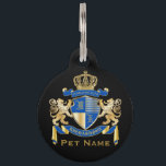 Create Your Own Coat of Arms Blue Gold Lion Emblem Pet ID Tag<br><div class="desc">Create your very own aristocratic Coat of Arms, Emblem, Insignia or Family Crest with this beautiful, classic escutcheon or shield design. Cobalt Blue stripes decorate a shield topped with golden crown and flanked by medieval heraldic lion or griffin. A matching top banner holds your custom wedding date / birth date...</div>