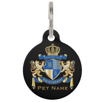Create Your Own Coat Of Arms Blue Gold Lion Emblem Pet Id Tag by BCVintageLove at Zazzle
