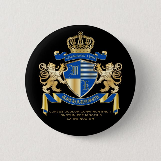 Create Your Own Coat of Arms Blue Gold Lion Emblem Pinback Button (Front)