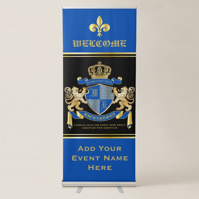 Create Your Own Coat of Arms Blue Gold Lion Emblem Retractable Banner (Front)