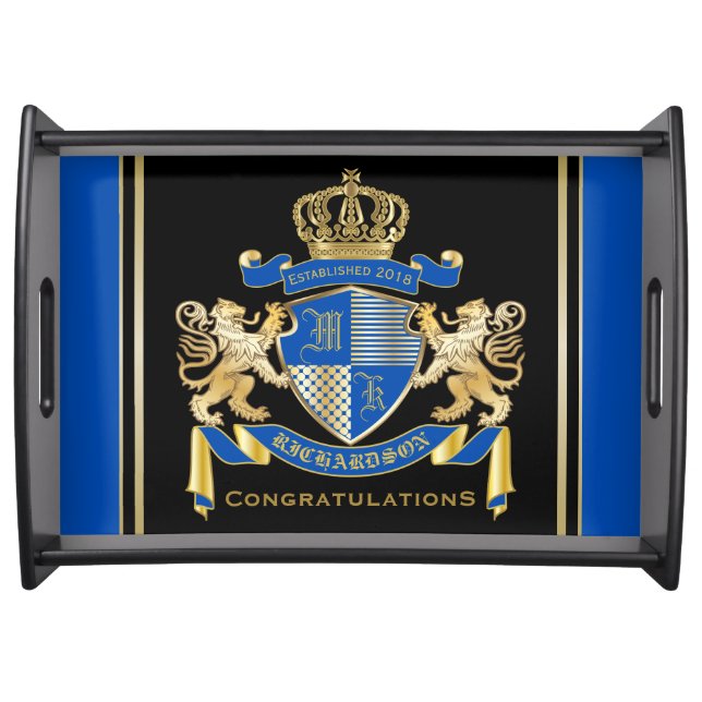Create Your Own Coat of Arms Blue Gold Lion Emblem Serving Tray (Front)