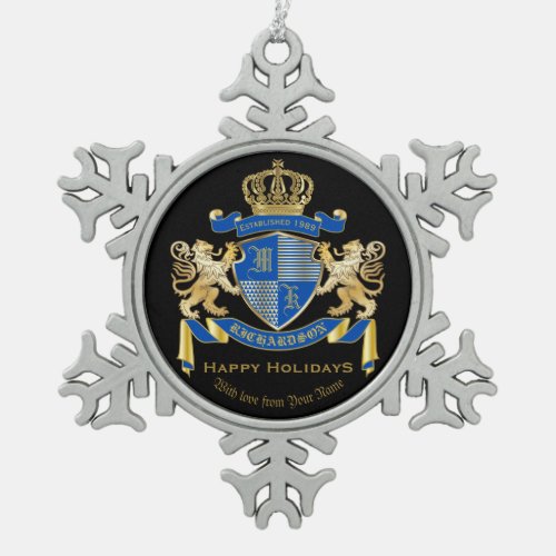 Create Your Own Coat of Arms Blue Gold Lion Emblem Snowflake Pewter Christmas Ornament