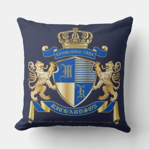 Create Your Own Coat of Arms Blue Gold Lion Emblem Throw Pillow