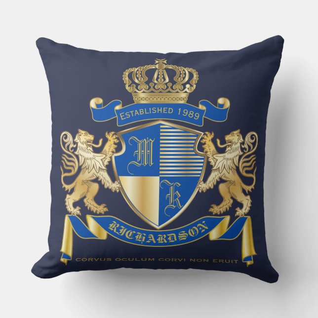 Create Your Own Coat of Arms Blue Gold Lion Emblem Throw Pillow (Front)