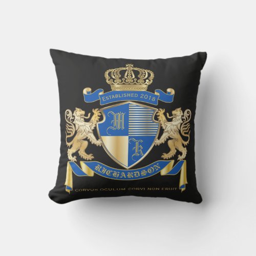 Create Your Own Coat of Arms Blue Gold Lion Emblem Throw Pillow