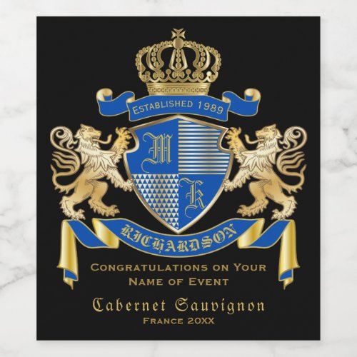 Create Your Own Coat of Arms Blue Gold Lion Emblem Wine Label