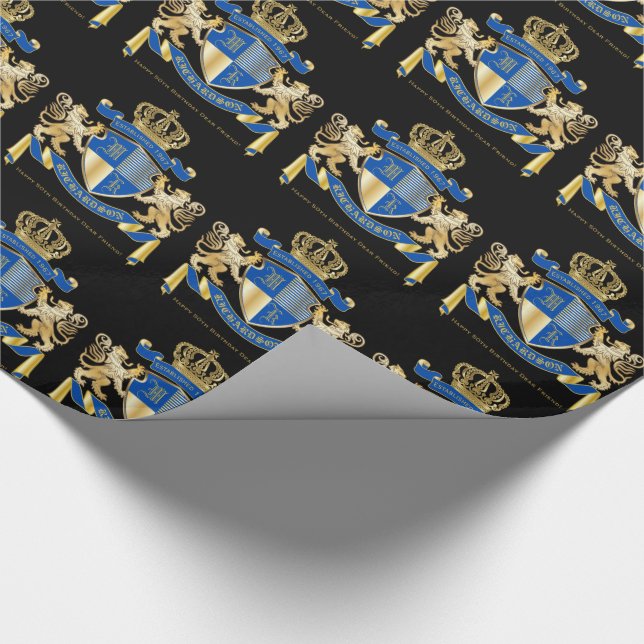 Create Your Own Coat of Arms Blue Gold Lion Emblem Wrapping Paper (Corner)