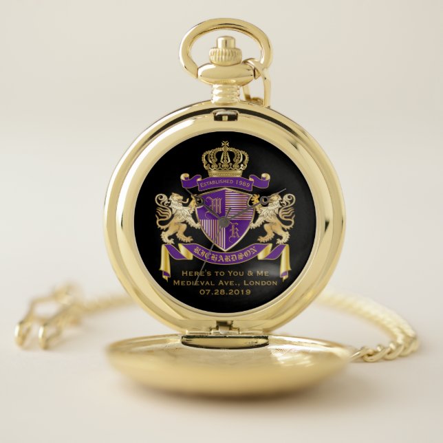 Create Your Own Coat of Arms Monogram Crown Emblem Pocket Watch (Inside)