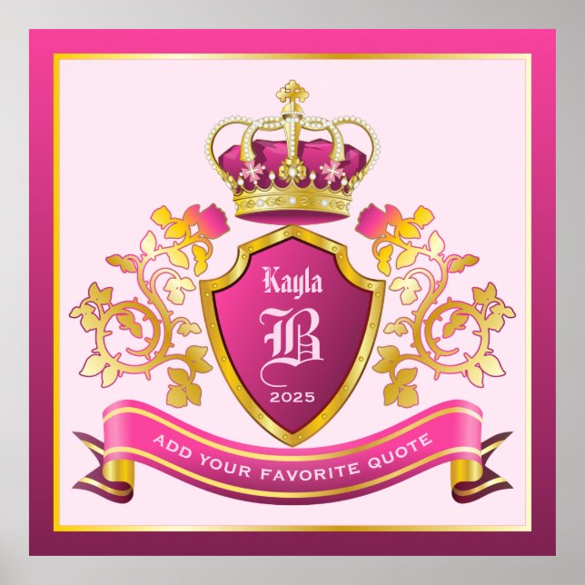 Create Your Own Coat of Arms Pink Gold Crown Pearl Poster (Front)