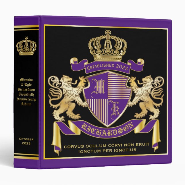Create Your Own Coat of Arms Purple Gold Emblem 3 Ring Binder (Front/Spine)