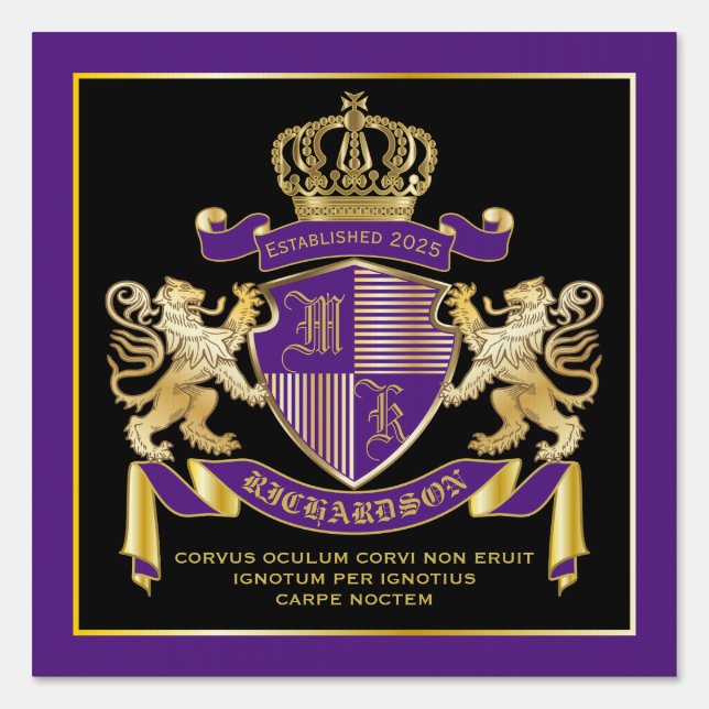 Create Your Own Coat of Arms Purple Gold Emblem Sign (Front)