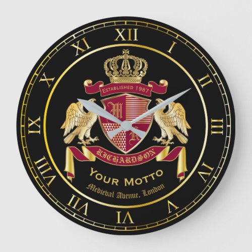 Create Your Own Coat of Arms Red Gold Eagle Emblem Large Clock