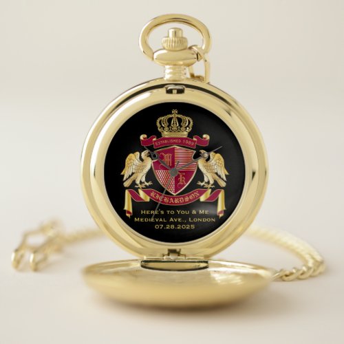 Create Your Own Coat of Arms Red Gold Eagle Emblem Pocket Watch