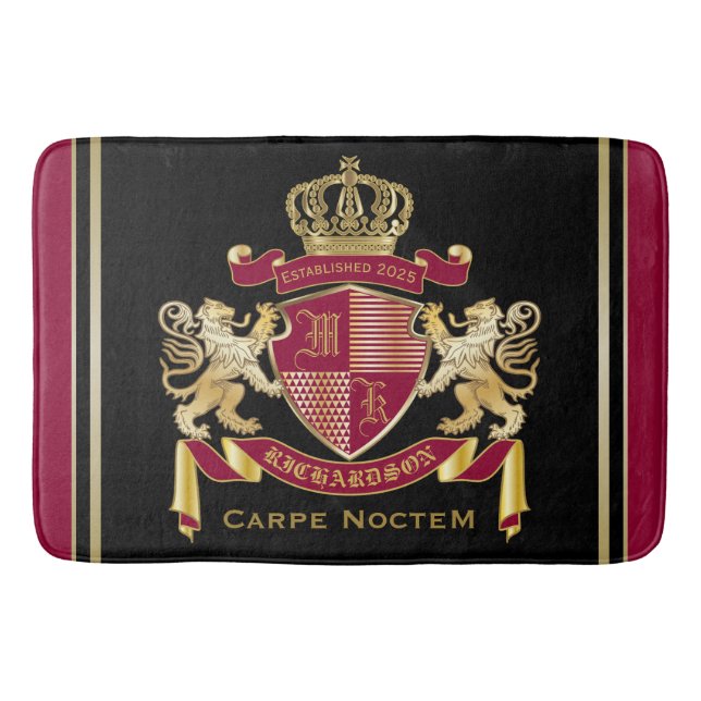 Create Your Own Coat of Arms Red Gold Lion Emblem Bath Mat (Front)