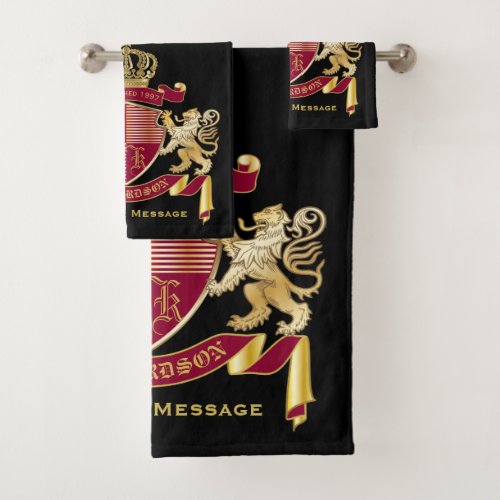 Create Your Own Coat of Arms Red Gold Lion Emblem Bath Towel Set