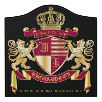 Create Your Own Coat Of Arms Red Gold Lion Emblem Door Sign by BCVintageLove at Zazzle