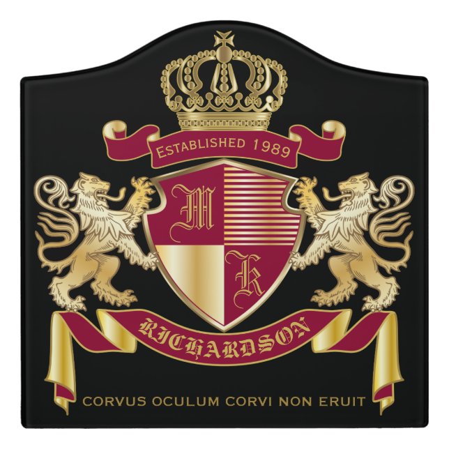 Create Your Own Coat of Arms Red Gold Lion Emblem Door Sign (Large Crest Front)