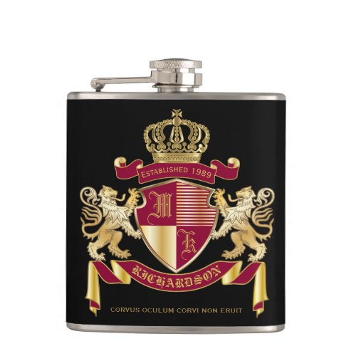 Create Your Own Coat of Arms Red Gold Lion Emblem Flask