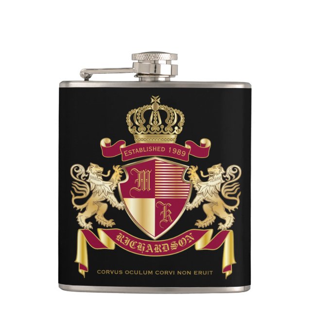 Create Your Own Coat of Arms Red Gold Lion Emblem Flask (Front)
