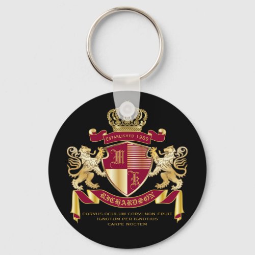 Create Your Own Coat of Arms Red Gold Lion Emblem Keychain