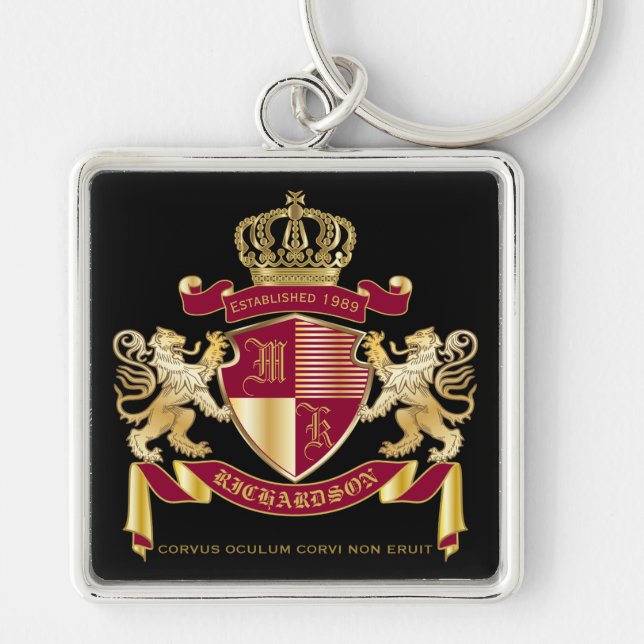 Create Your Own Coat of Arms Red Gold Lion Emblem Keychain (Front)