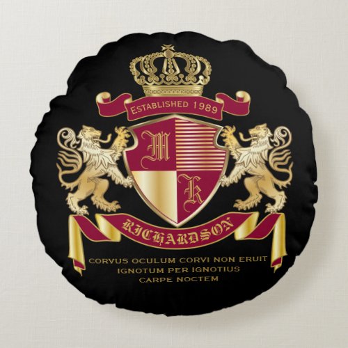 Create Your Own Coat of Arms Red Gold Lion Emblem Round Pillow