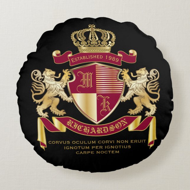 Create Your Own Coat of Arms Red Gold Lion Emblem Round Pillow (Front)