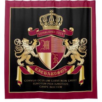 Create Your Own Coat Of Arms Red Gold Lion Emblem Shower Curtain by BCVintageLove at Zazzle