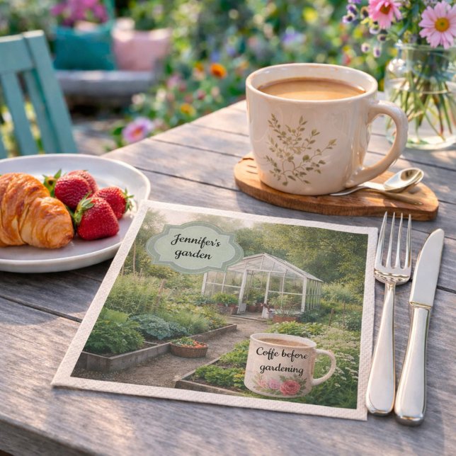 Create your own Coffee before gardening photo Napkins (Create your own Coffee before gardening photo Napkins. You can add your own garden photo and name.)