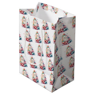 Create Your Own Colorful Xmas Tree & White Cat Medium Gift Bag