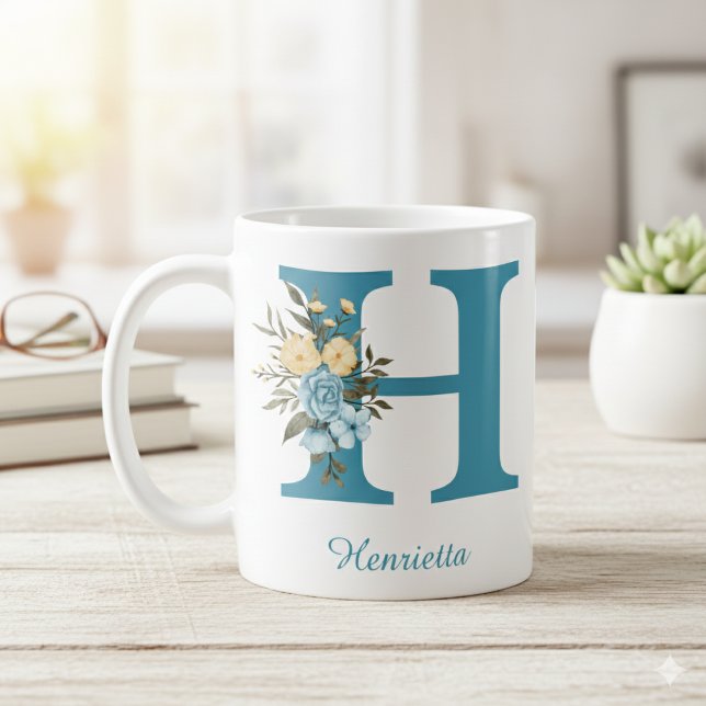 Create Your Own Custom Blue Minimalist Floral Mug (Creator Uploaded)