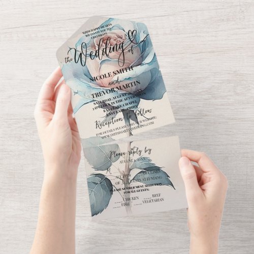 Create Your Own Custom Blue Watercolor Rose All In One Invitation