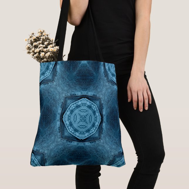 Create Your Own Custom Denim Blue Patch Print Tote Bag (Close Up)