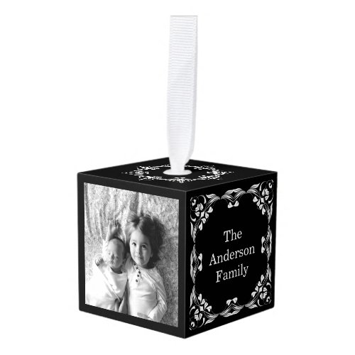 Create Your Own Custom Elegant Classy Family Photo Cube Ornament - Create your own personalized cube ornament with your custom images on a black background with vintage swirls. Add your favorite photo, design or artwork to create something really unique. To edit this design template, click 'Change' and upload your own image as shown above. Click 'Customize' button to add text, customize fonts and colors.
Treat yourself or make the perfect gift for family, friends, parents and grandparents!