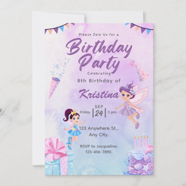 Create your own Custom Girls Cute Fairy Birthday Invitation (Front)