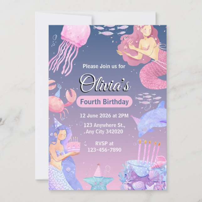 Create your own Custom Girls Mermaid Birthday Invitation (Front)
