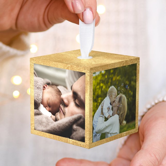 Create Your Own Custom Gold Baby Family Photo Cube Ornament (Creator Uploaded)