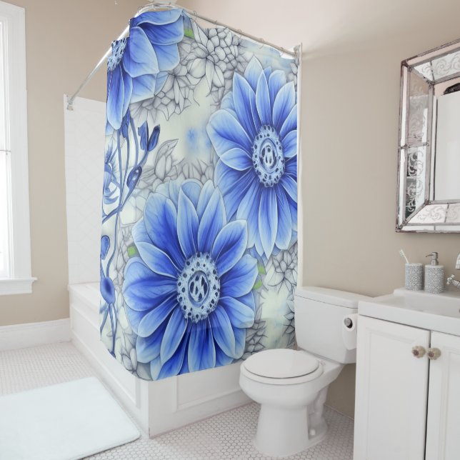 Create Your Own Custom Made Whimsical Blue Flower  Shower Curtain (In Situ)