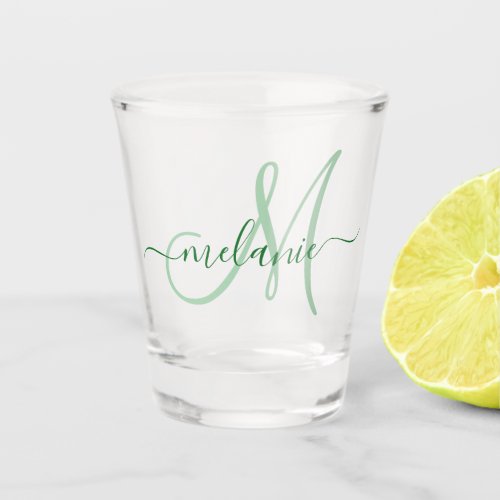 Create Your Own Custom Monogram Name Script Green Shot Glass - Create your own personalized shot glasses with your custom modern handwriting name and monogram. To edit this design template, change the text fields as shown above. You can easily add more text or images, customize fonts and colors.
Treat yourself or make the perfect gift for family, friends, parents and grandparents!