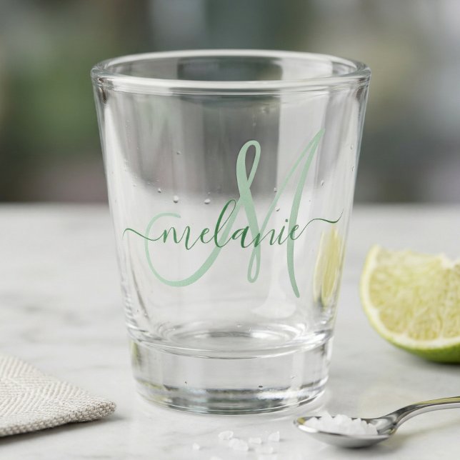 Create Your Own Custom Monogram Name Script Green Shot Glass (Creator Uploaded)