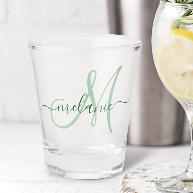 Create Your Own Custom Monogram Name Script Green Shot Glass (Creator Uploaded)