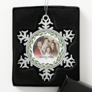 Create Your Own Custom Photo Family Name Leaf Reef Snowflake Pewter Christmas Ornament