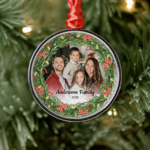 Create Your Own Custom Photo Family Name Year Metal Ornament